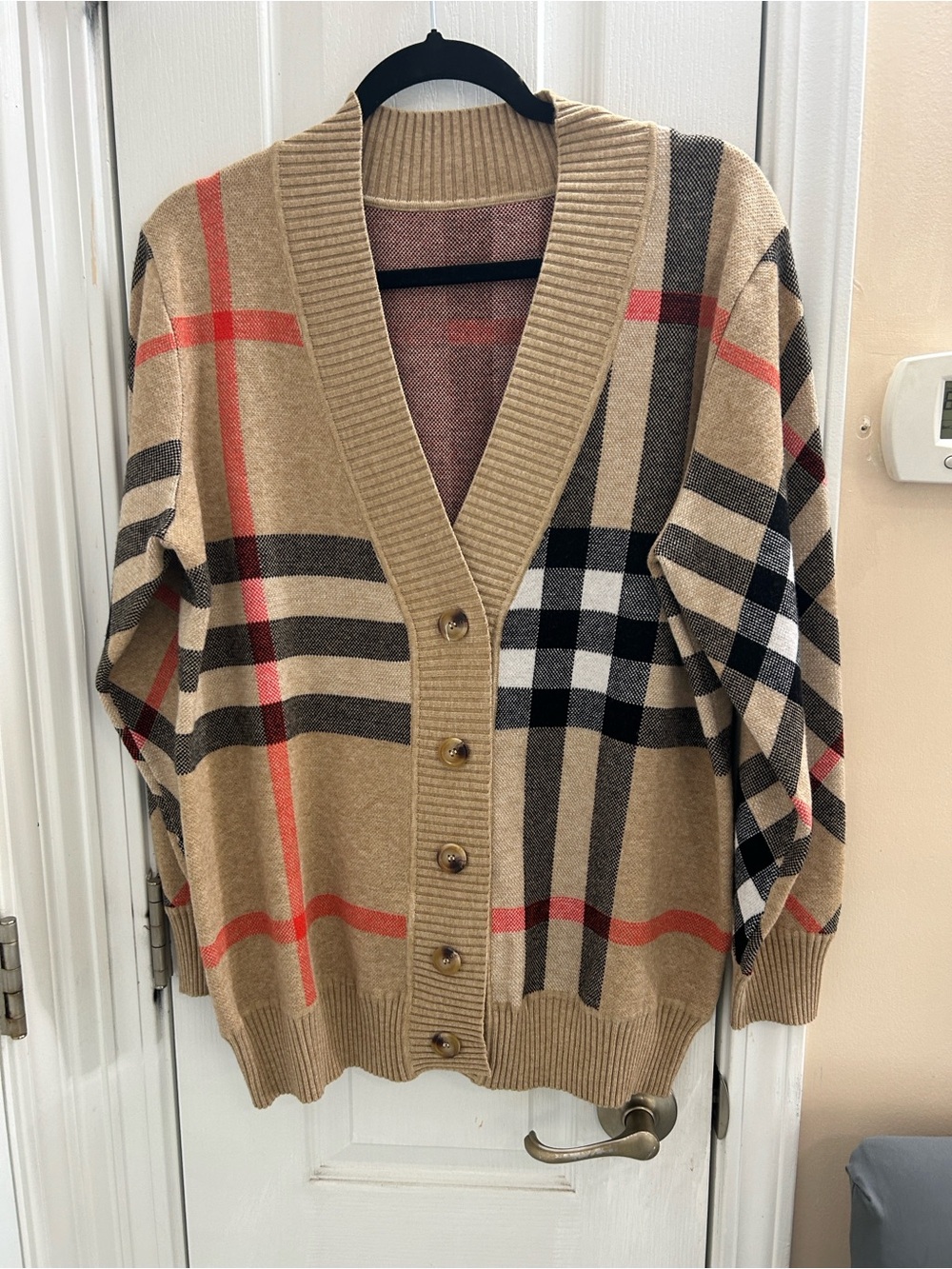 Classic Plaid Button-Front Cardigan Sweater in Camel